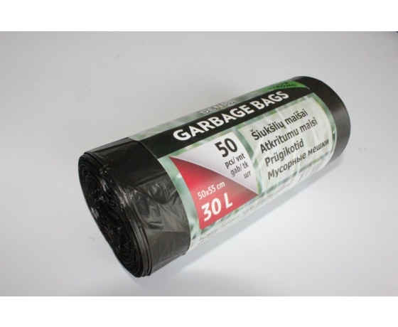 HDPE melni atkritumu maisi 30L, 50 gab. rullī, piemēroti sadzīves atkritumiem un birojam