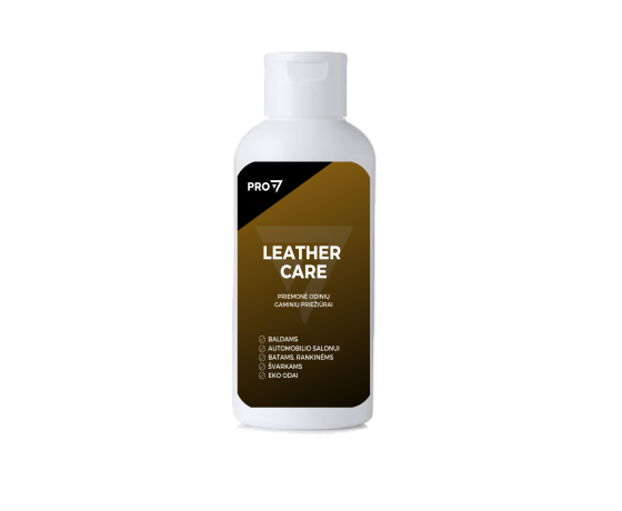 Ādas kopšanas līdzeklis LEATHER CARE 125ml pudele ar produkta aprakstu un lietošanas instrukciju