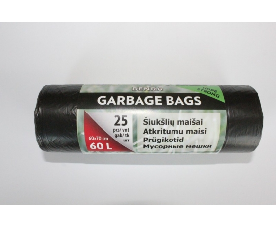 HDPE melni atkritumu maisi 60L, 25 gab. rullī, piemēroti sadzīves atkritumiem un birojiem