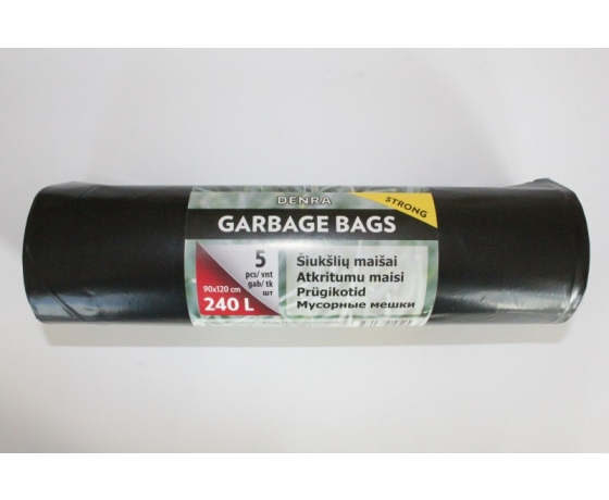 Melni LDPE atkritumu maisi 240L, 5 gabali rullī, biezums 0,040mm, izmērs 900x1200mm