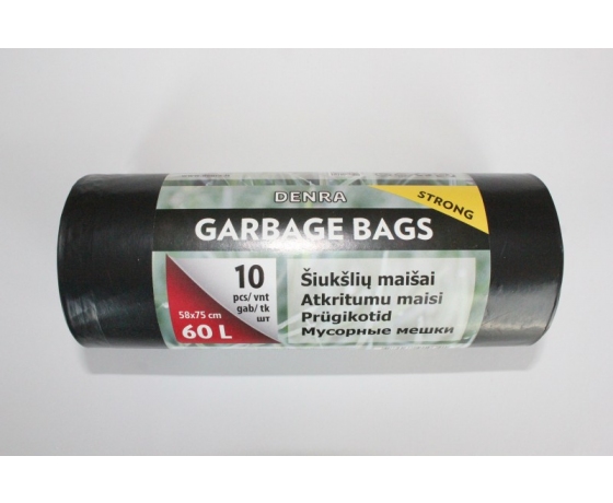 Melni LDPE atkritumu maisi 60L, 10 gabali rullī, biezums 0,030mm, piemēroti birojiem un mājsaimniecībām