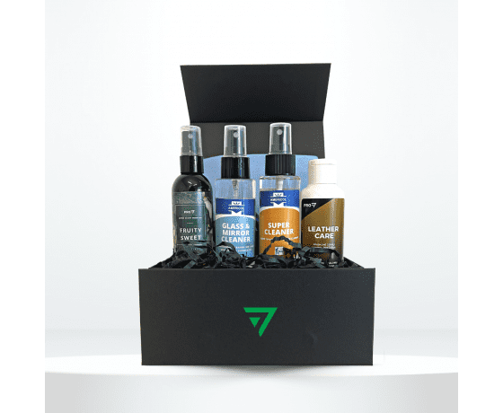 Premium auto kopšanas līdzekļu komplekts - Super Cleaner, Glass Cleaner, Leather Care un aromāts