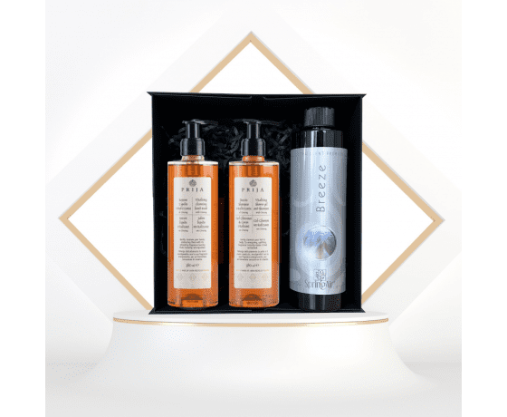 Prija premium dāvanu komplekts ar šampūnu, ziepēm un aromātu melnā magnētiskā kastē