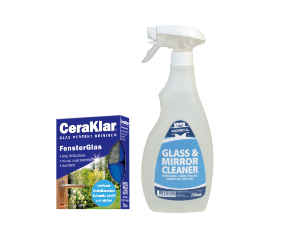 Profesionāls logu tīrīšanas komplekts ar Glass & Mirror Cleaner pudeli un CeraKlar tērauda vilnas sūkļiem stikla virsmu tīrīš