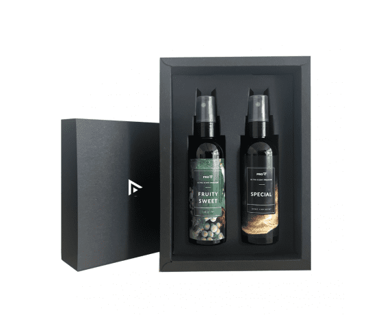 Ekskluzīvs smaržu komplekts FRUITY SWEET un SPECIAL melnā kastē ar diviem 100ml izsmidzināmiem aromātiem