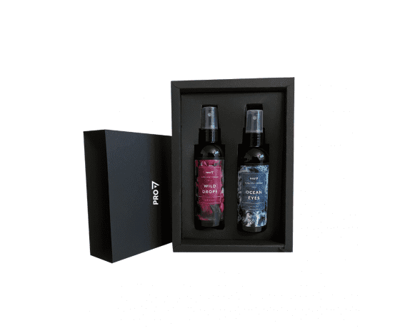 Premium smaržu komplekts WILD DROPS un OCEAN EYES melnā dāvanu kastē ar diviem 100ml flakoniem