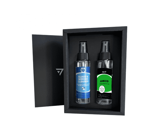 Tīrīšanas līdzekļu komplekts MINI7 ar Amecid un Glass & Mirror Cleaner pudelītēm vannas istabas un stikla virsmu kopšanai