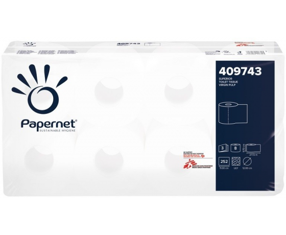 PAPERNET Superior tualetes papīrs, balts 3 slāņu, 8 ruļļi iepakojumā ar 200 loksnēm katrā