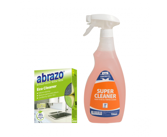 Virtuves virsmu tīrīšanas komplekts ar Super Cleaner līdzekli 750ml un 2 Abrazo Eco sūkļiem piedegušu tauku tīrīšanai