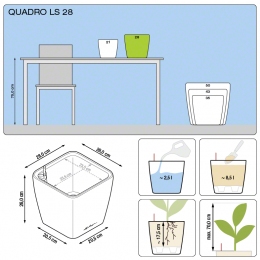 Viedā puķu poda Quadro LS 28 izmēru un detaļu attēls